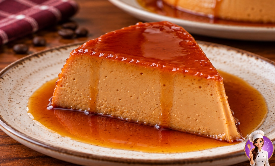 Fatia de pudim de café cremoso servida com calda de caramelo