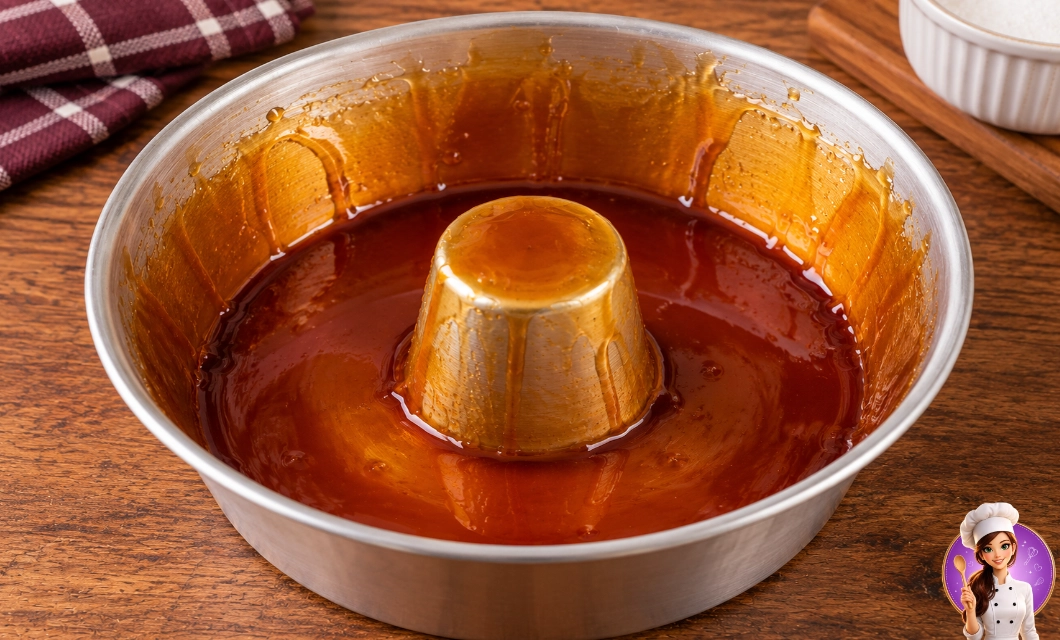 Forma de pudim caramelizada com calda de caramelo no fundo e nas laterais