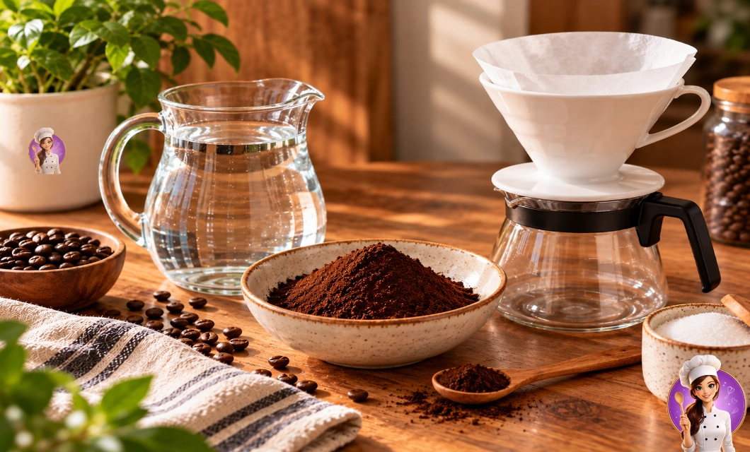 Ingredientes e utensílios para fazer café coado com água, café moído, filtro de papel e porta-filtro