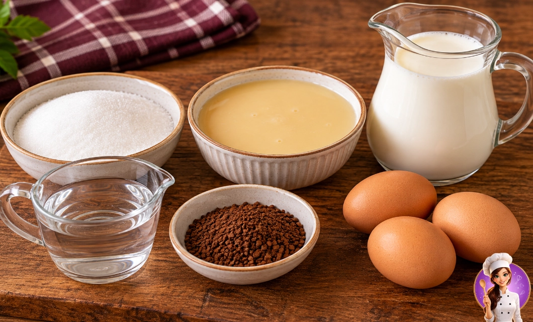 Ingredientes para pudim de café com leite condensado, ovos e café solúvel