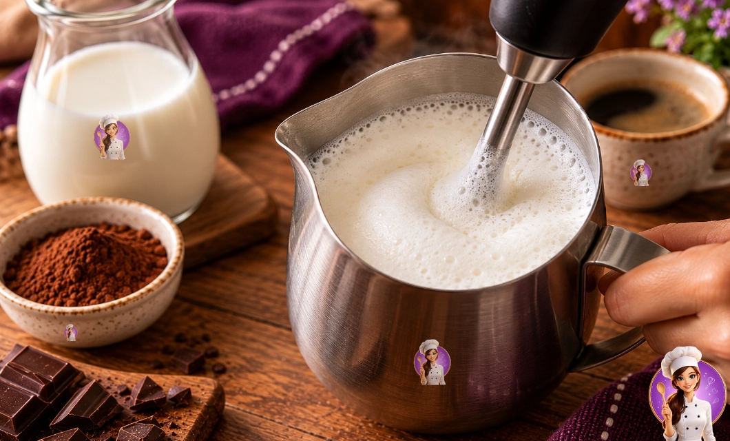 Leite quente sendo espumado para cappuccino caseiro cremoso