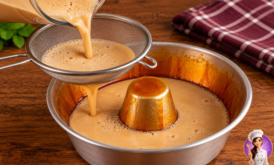 Mistura do pudim de café sendo peneirada na forma caramelizada