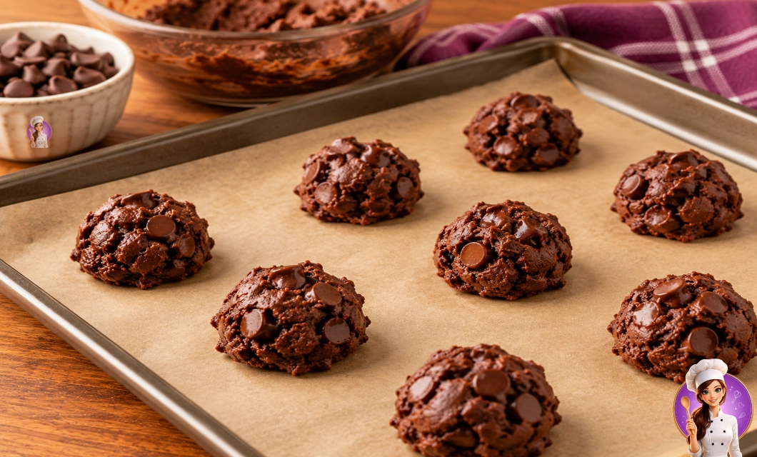 Porções de massa de cookie de chocolate com gotas na assadeira