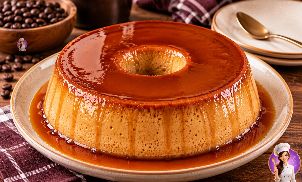 Pudim de café cremoso com calda de caramelo